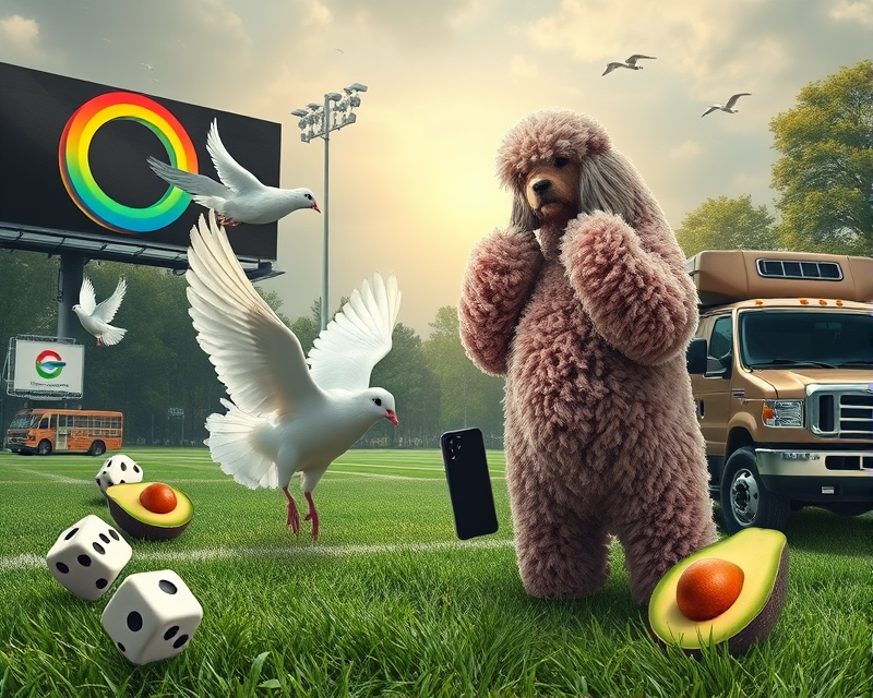 football, cell phone, poodle, dove, feather, avocado, billboard, dice, ice cream, circle, rainbow, truck, pepperoni